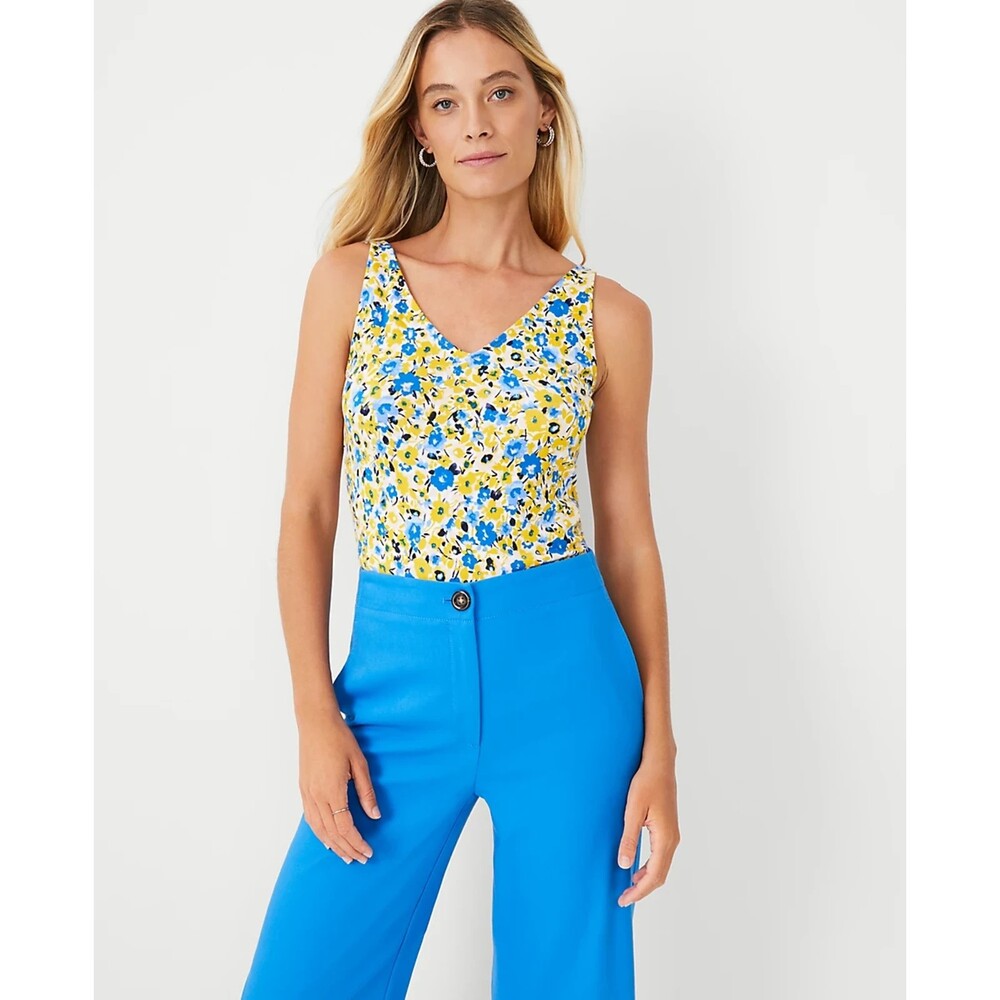 Ann Taylor Floral Double V Tank Top Solarium Sun Yellow / Blue Size M